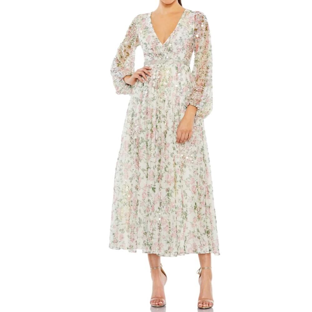 Mac Duggal White Embellished Floral Print Faux Wrap A Line Dress Women’s Sz 8